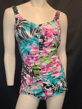 Maxine of Hollywood Floral One-Piece Swimsuit in Pink, Teal & Black